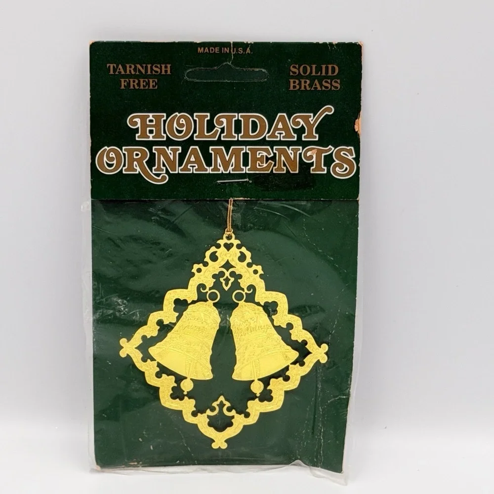 VTG Solid Brass Double‎ Bells Christmas Holiday Ornament Filigree Frame USA NOS